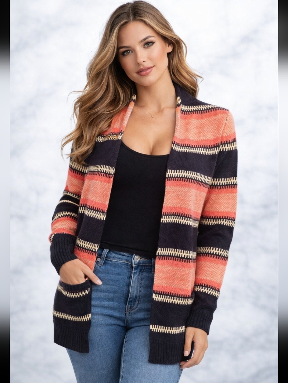 Old Navy Navy Blue & Pink Stripe Open Front Cardigan (Size :Med )